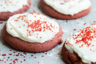 Red velvet cookies on a countertop.