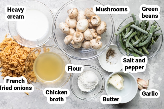 Labeled ingredients for green bean casserole.