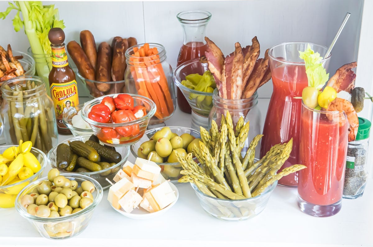 A bloody mary bar with all the garnishes.