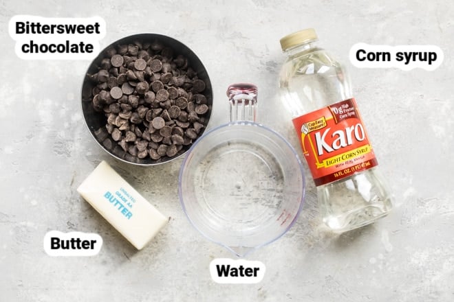 Labeled chocolate glaze ingredients in various bowls.