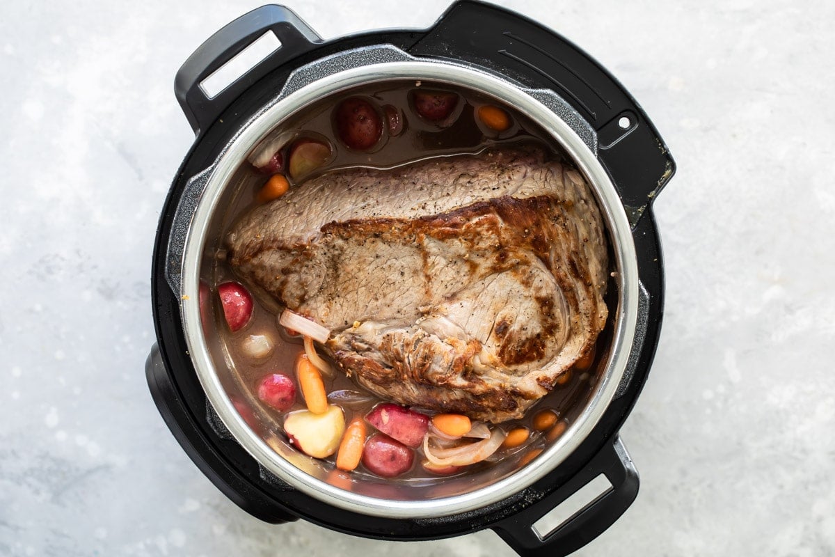 Cooked pot roast in an instant pot.