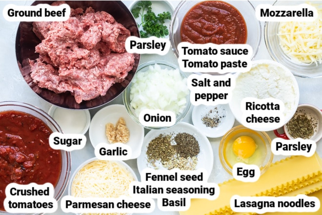 Labeled ingredients for the best make ahead lasagna in various bowls.