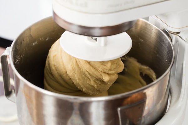 Bread dough on a dough hook in a standing mixer.