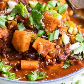 Sweet Potato Chili with Black Beans in a white bowl.
