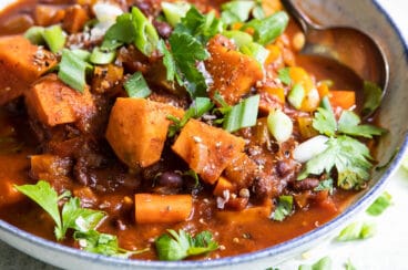 Sweet Potato Chili with Black Beans in a white bowl.