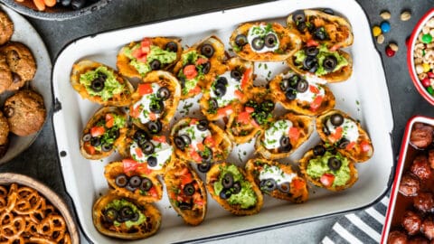 A party spread with baked potato skins as the main event.