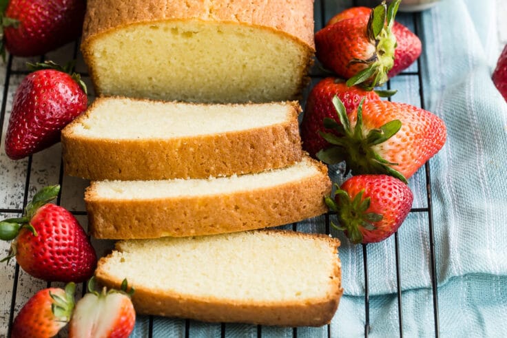 An angled shot of easy pound cake slices on a cooking rack.