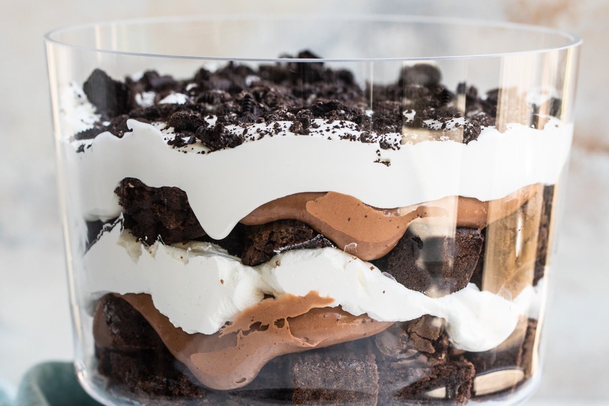 Oreo brownie trifle assembled in a trifle dish.