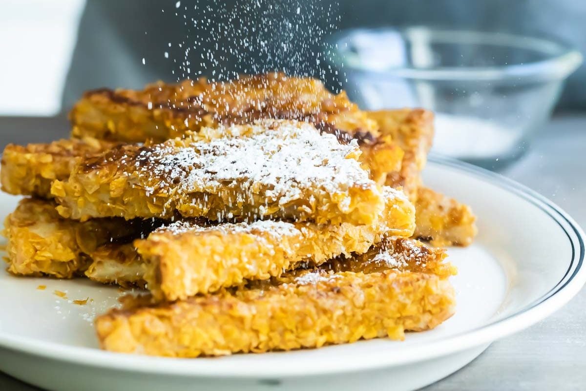 A plate of cornflake crusted french toast.