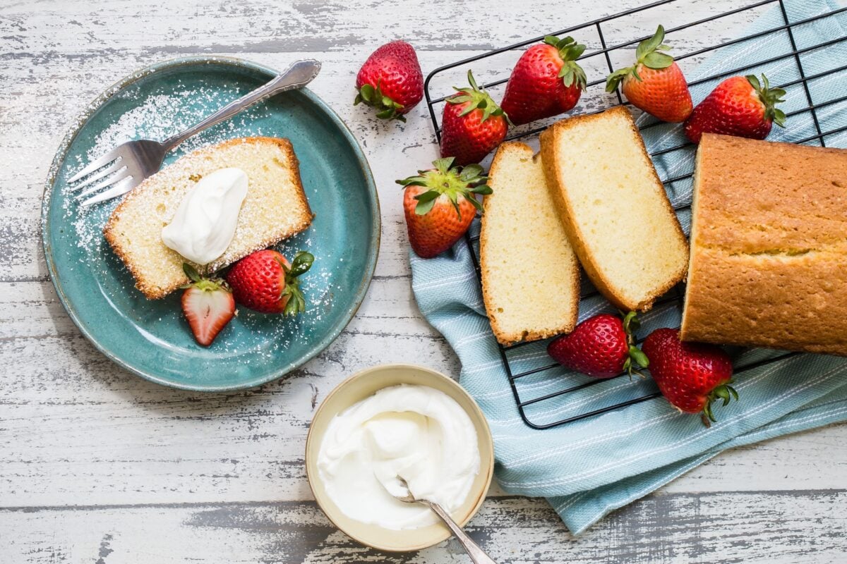 Easy pound cake slices on a cooling rack.