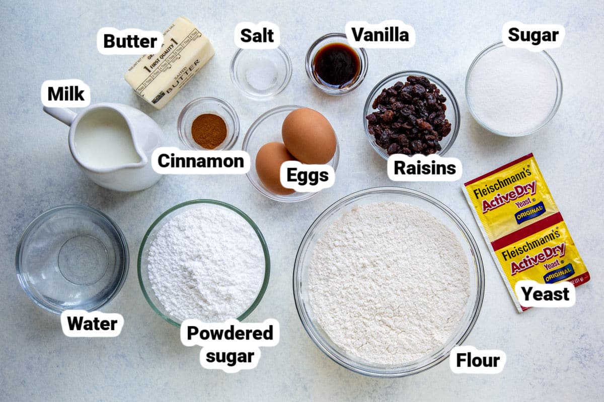 Labeled Ingredients for Hot Cross Buns.