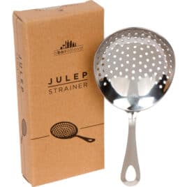 A julep strainer next to a box for a julep strainer.