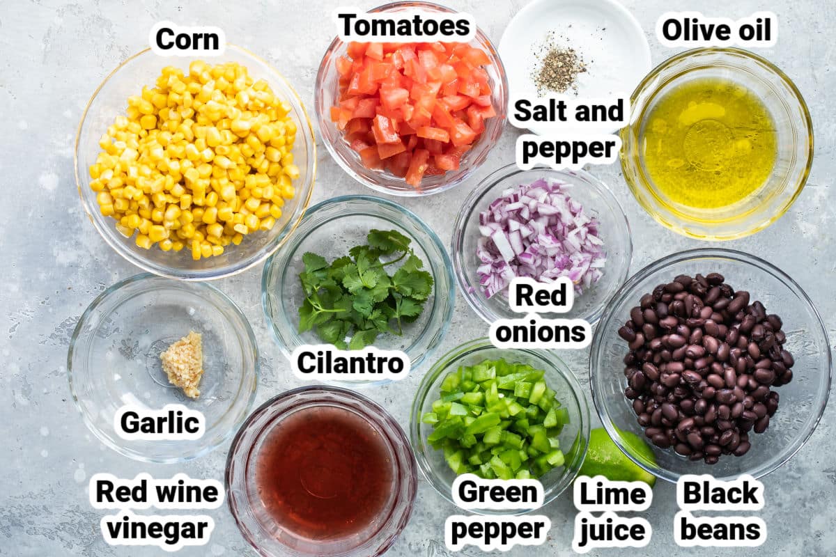 Labeled ingredients for black bean salsa.
