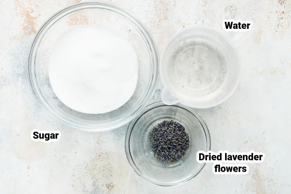 Lavender simple syrup ingredients.