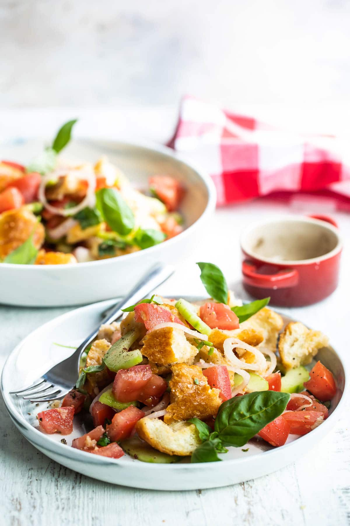 Two plates with Panzanella salad.
