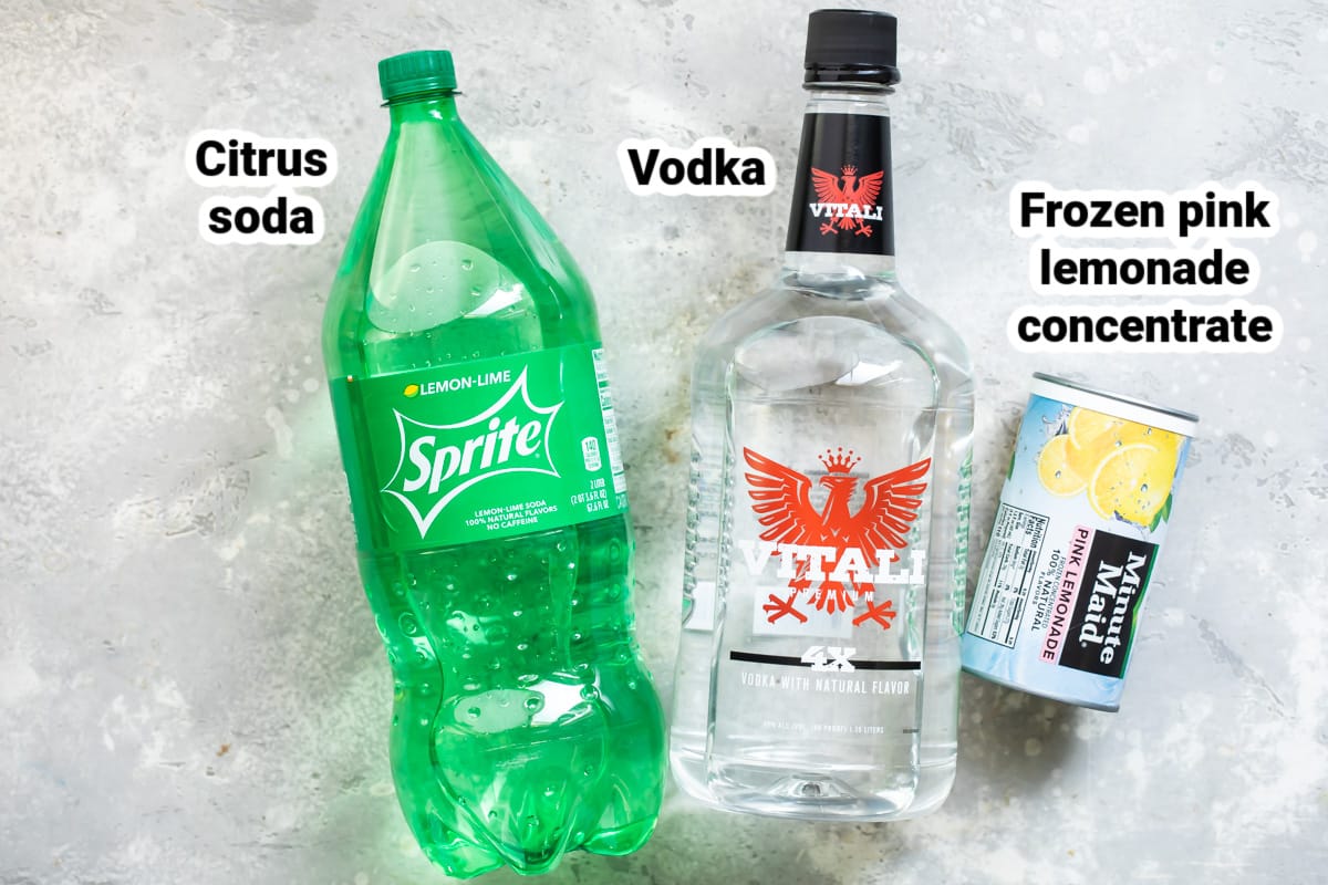 Labeled ingredients for pink lemonade vodka slush.