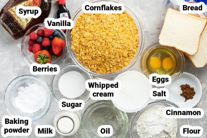 Labeled ingredients for cornflake crusted french toast.
