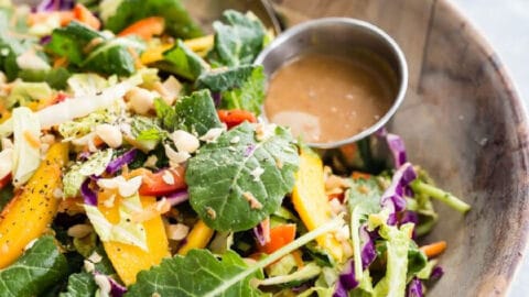 A bowl of rainbow thai mango salad with peanut dressing on the side.