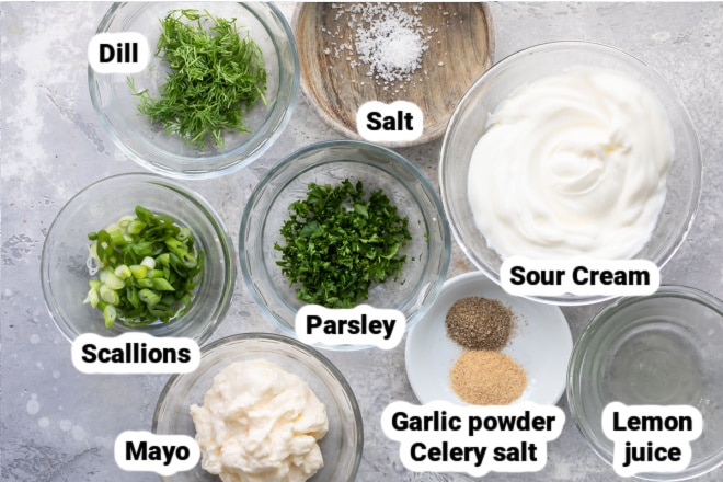 Labeled ingredients for veggie dip.