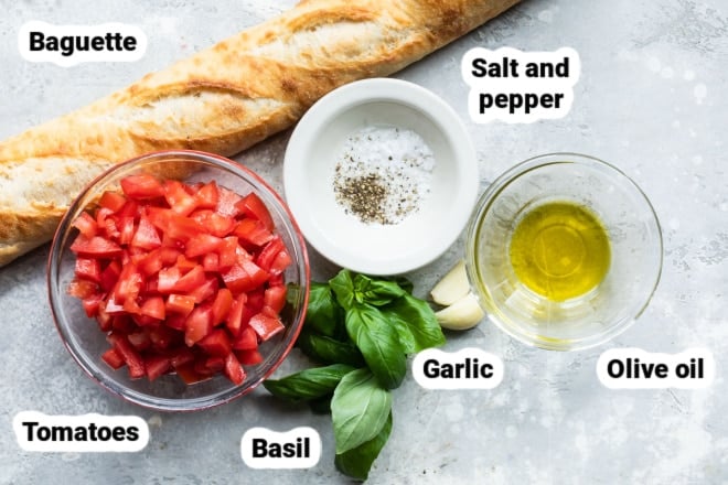 Labeled ingredients for bruschetta.