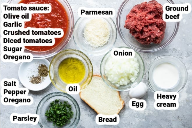 Labeled ingredients for spaghetti and meatballs.