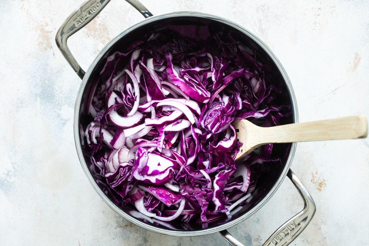 A saucepan full of braised red cabbage.