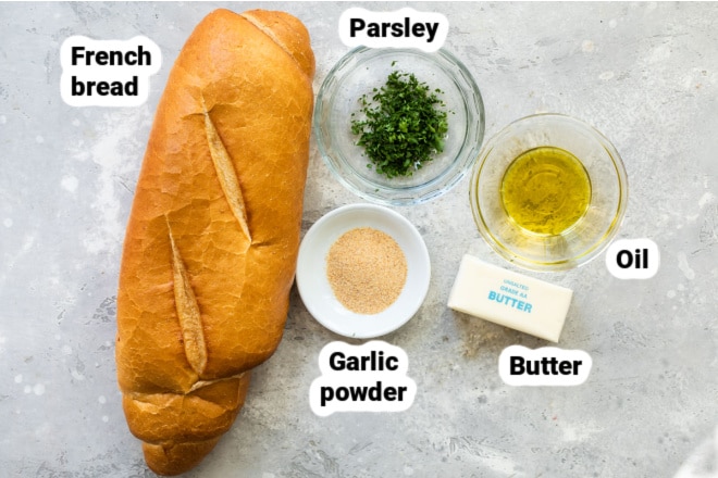Labeled ingredients for garlic bread