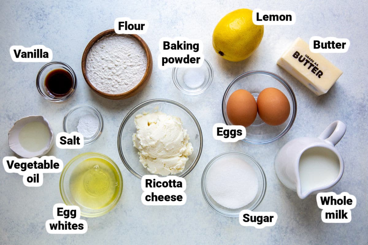 Labeled lemon ricotta pancakes ingredients.