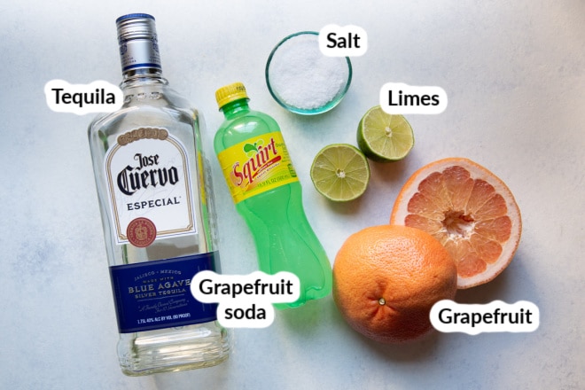 Labeled paloma cocktail ingredients.