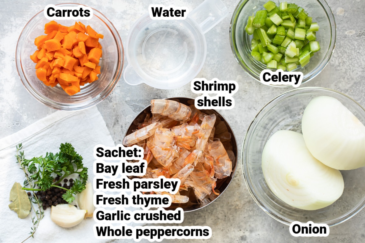 Labeled ingredients for shrimp stock.