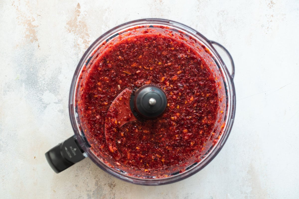 Cranberry relish in a food processor.