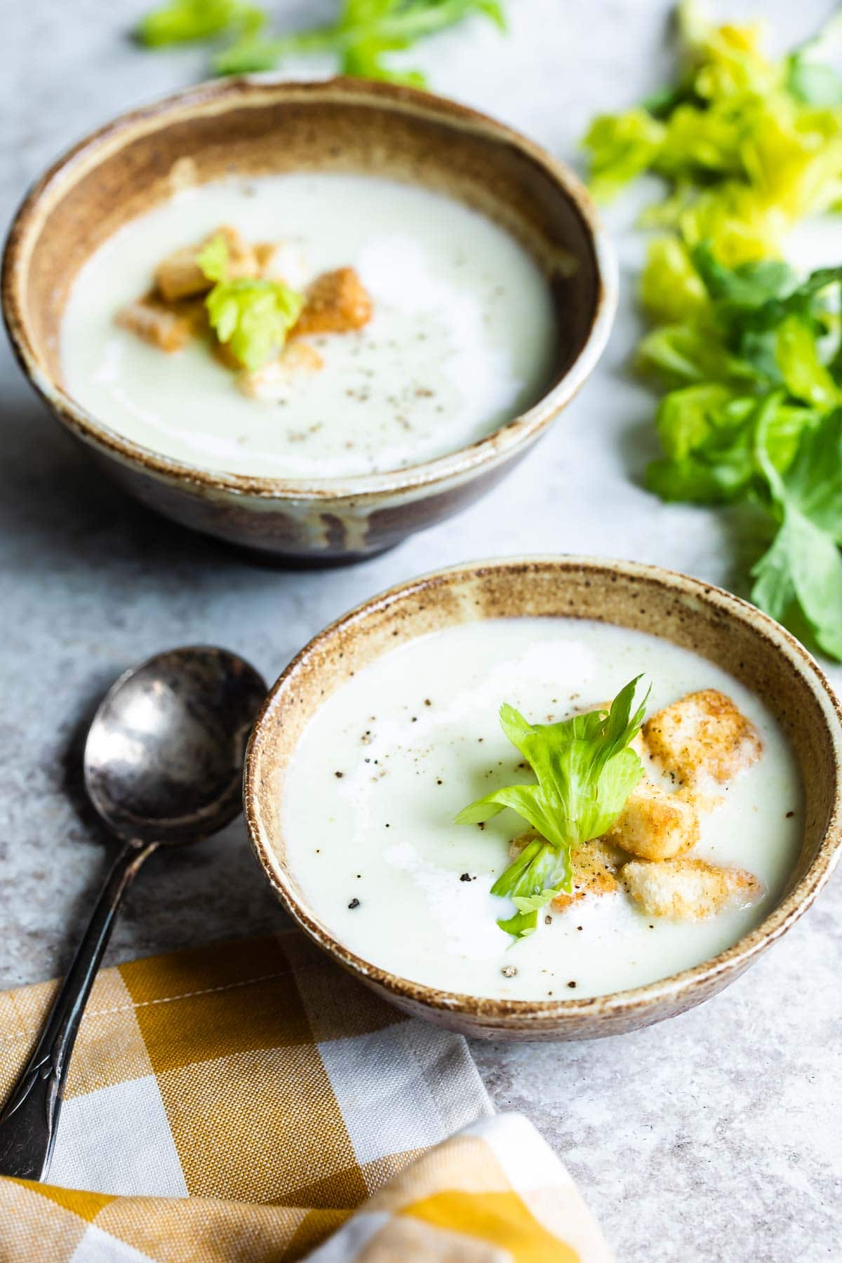Cream of celery soup in two brown bowls.
