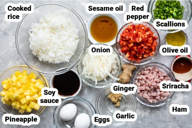 Labeled ingredients for Hawaiian Fried Rice.
