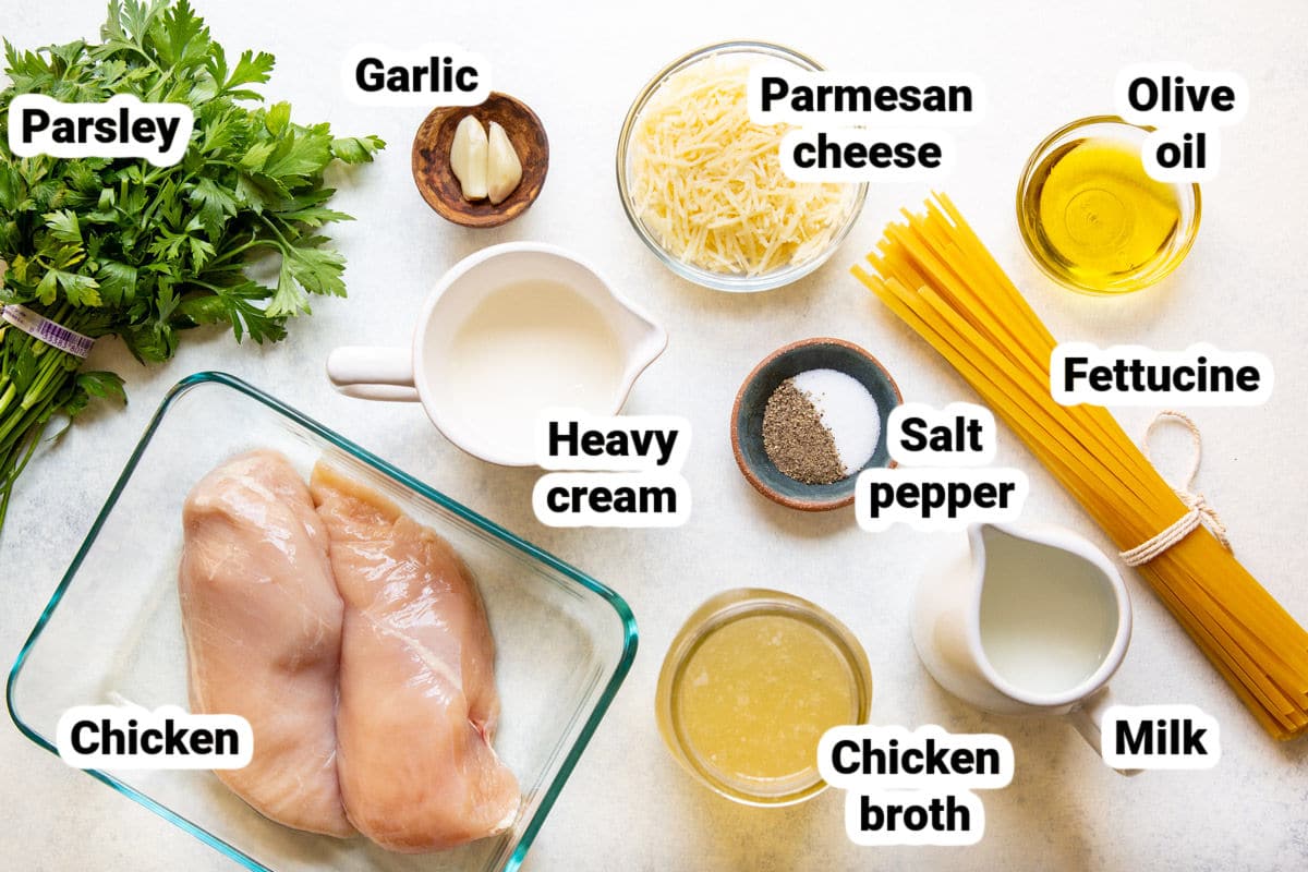 Labeled chicken alfredo ingredients.