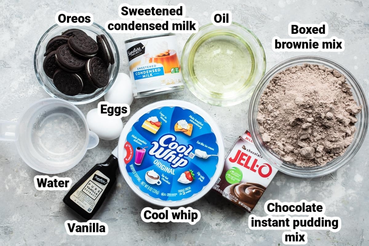 Labeled ingredients for Oreo Brownie Trifle.