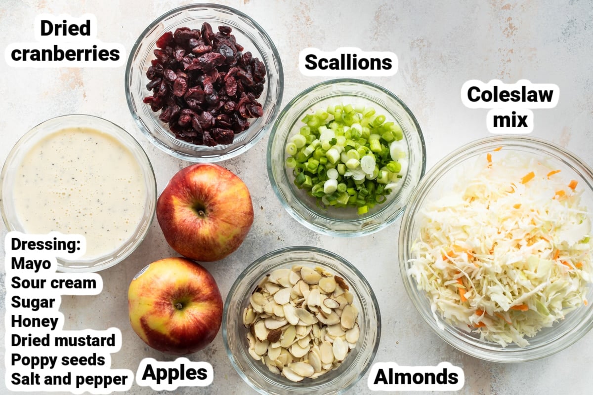Labeled ingredients for apple coleslaw.