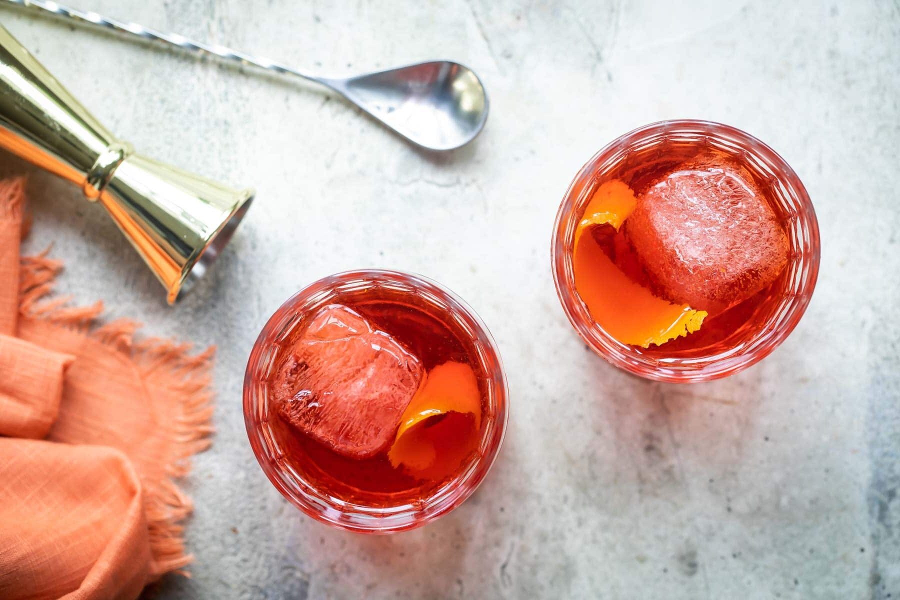 A negroni cocktail in a rocks glass.