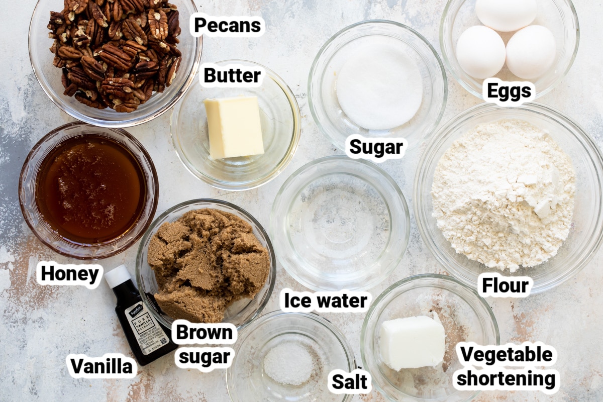 Labeled ingredients for pecan pie.