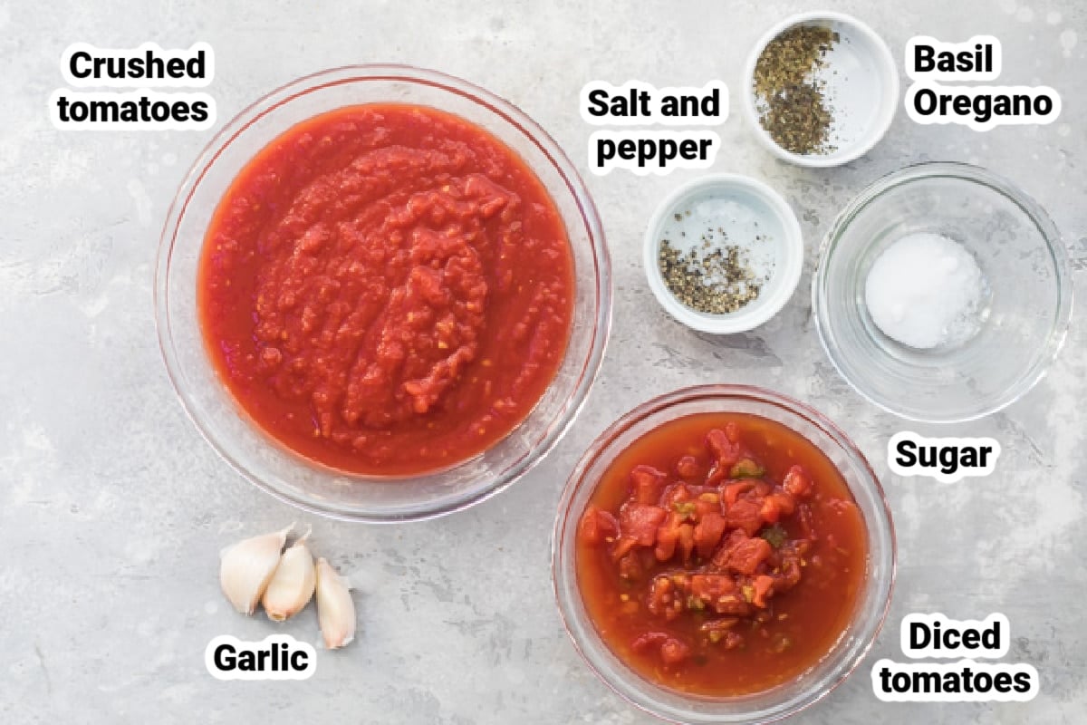 Labeled ingredients for quick tomato sauce.