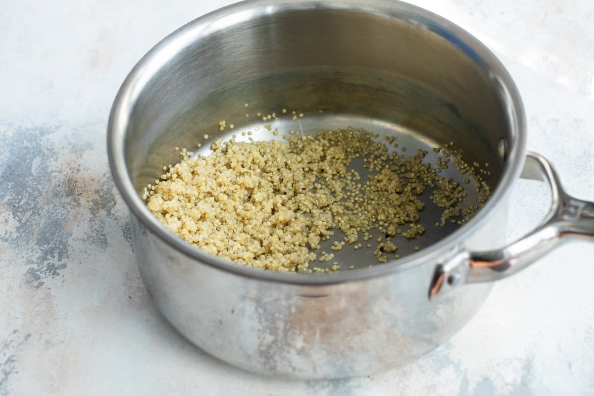 Quinoa in a silver pot.