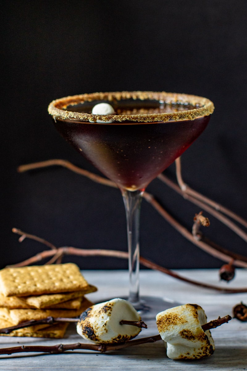 A s'mores chocolate martini in a martini glass.