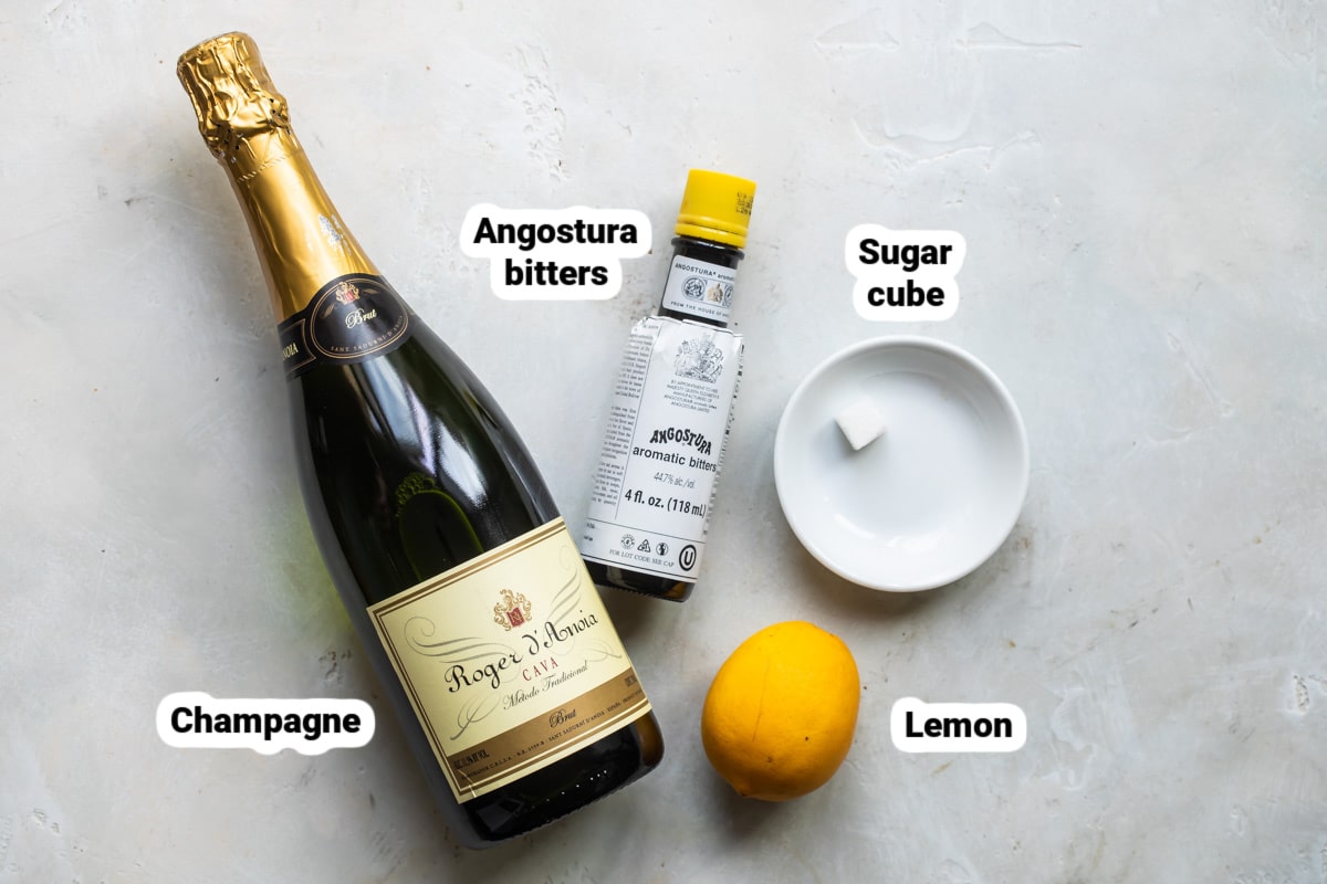 Labeled ingredients for a champagne cocktail.