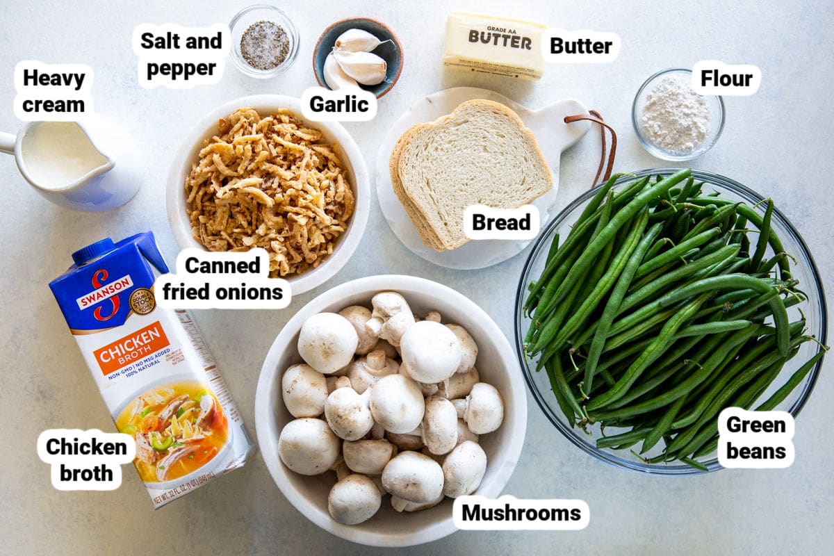 Labeled ingredients for green bean casserole.