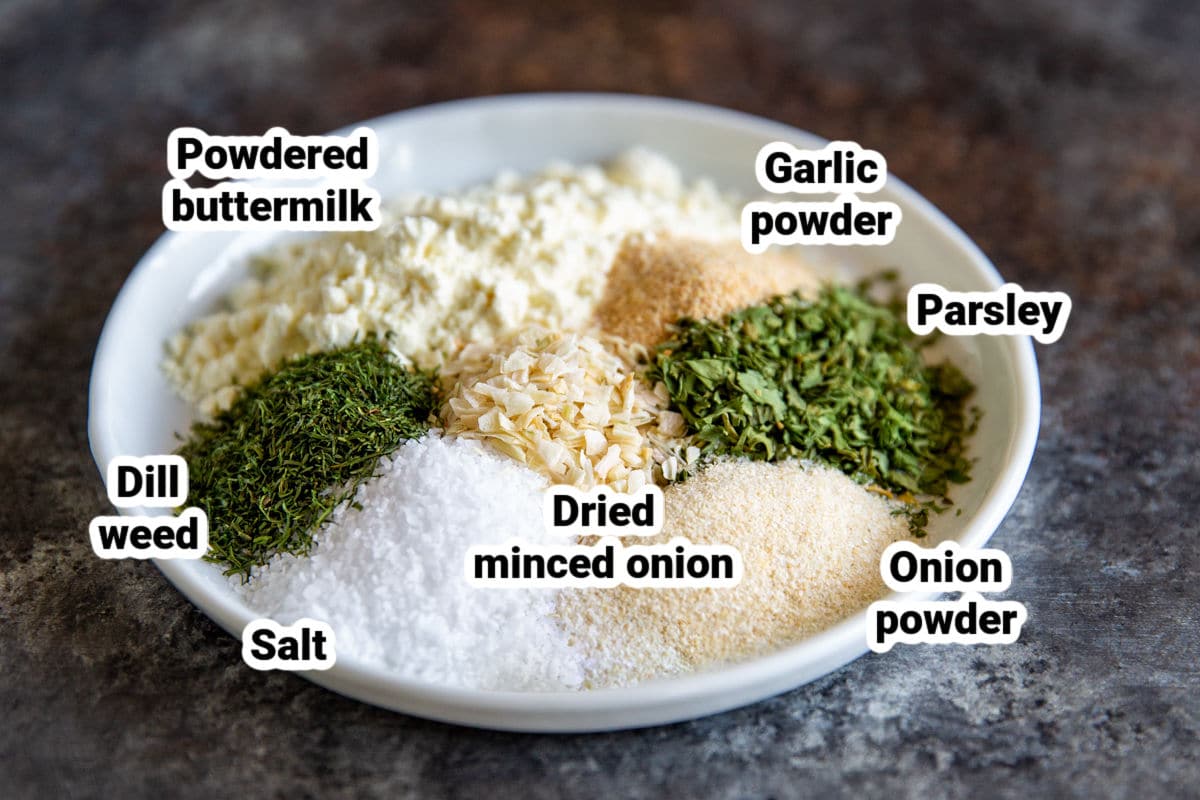 A dish of homemade ranch dressing mix ingredients.