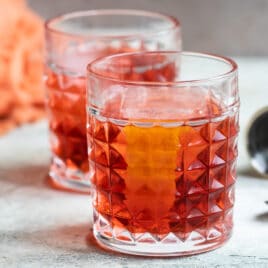 A negroni cocktail in a rocks glass.