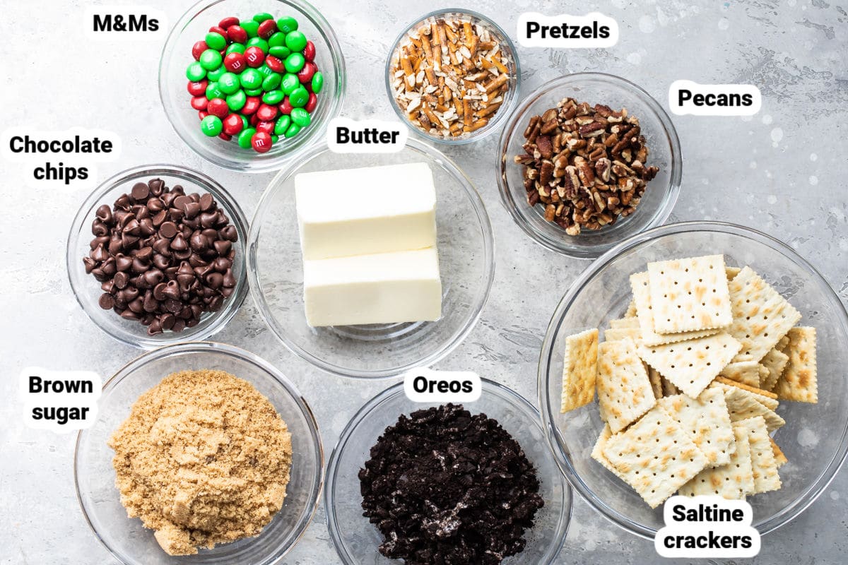 Labeled ingredients for Christmas Crack.
