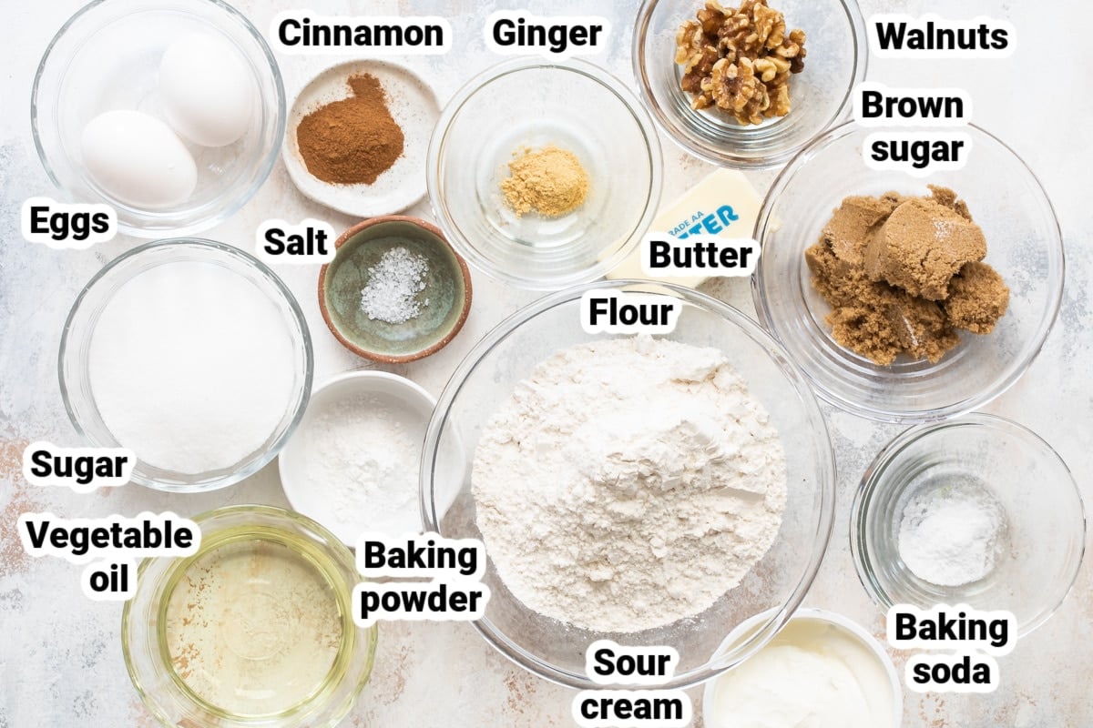 Labeled ingredients for coffee cake muffins.