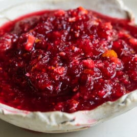 Cranberry relish in a white bowl.