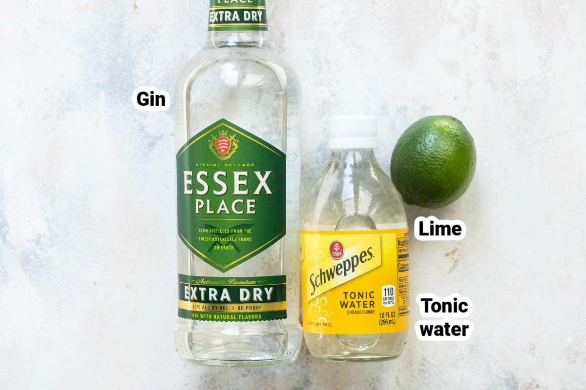 Labeled ingredients for gin and tonic.
