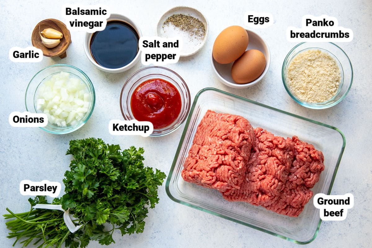 Labeled ingredients for mini meatloaves.